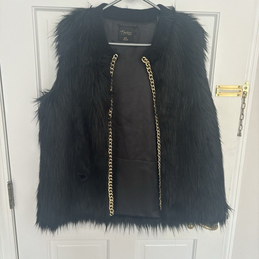 Y2K Vintage Hold Chain Trim Black Faux-Fur Vest